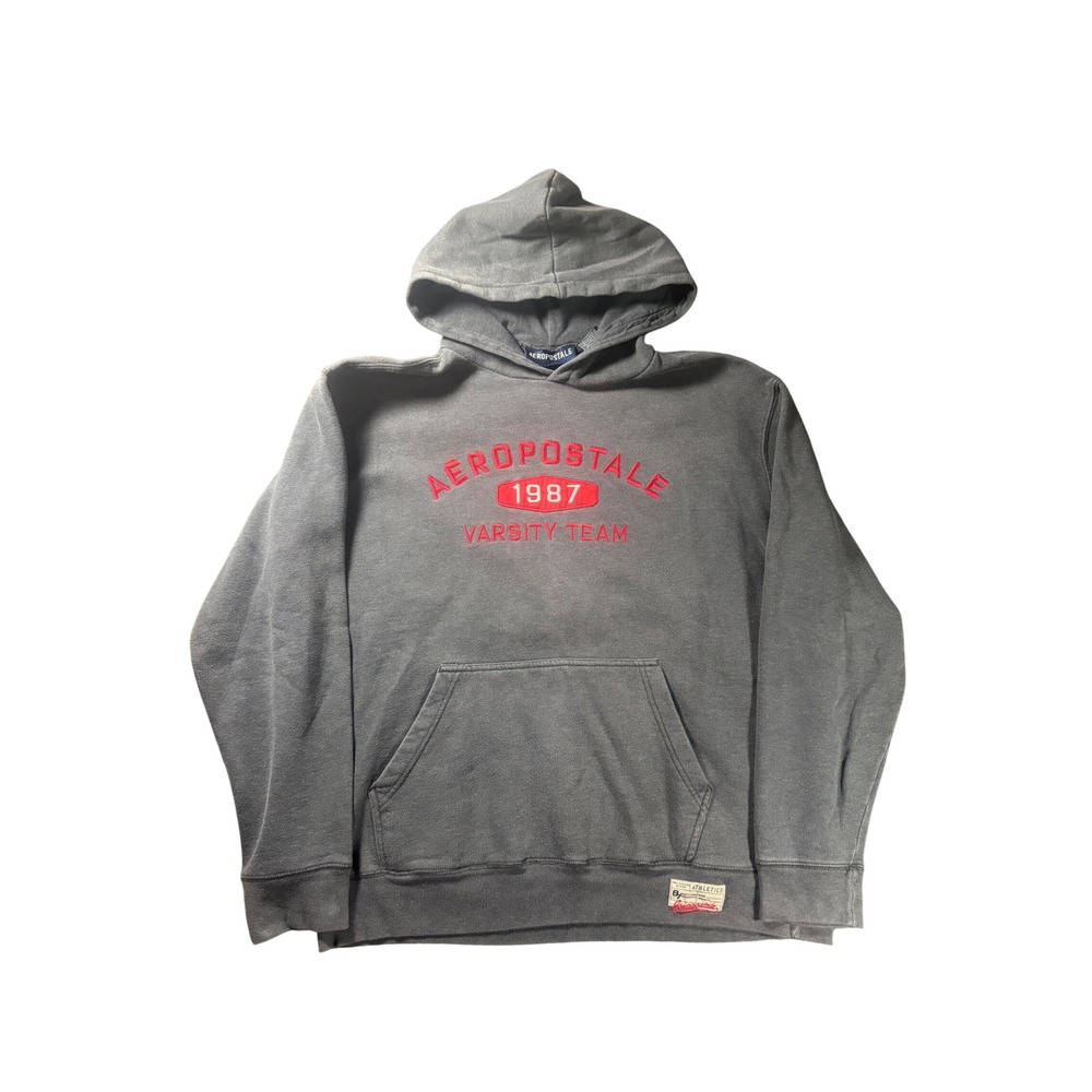 Vintage Aeropostale 1987 Varsity Team Hoodie Faded Grey Embroidered Large 90s